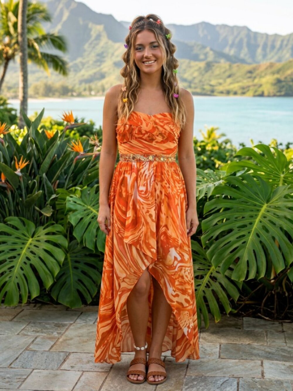 Jump Apparel Y2K Formal Dress 7/8 Orange Animal Print Hi Low Rhinestone Studded